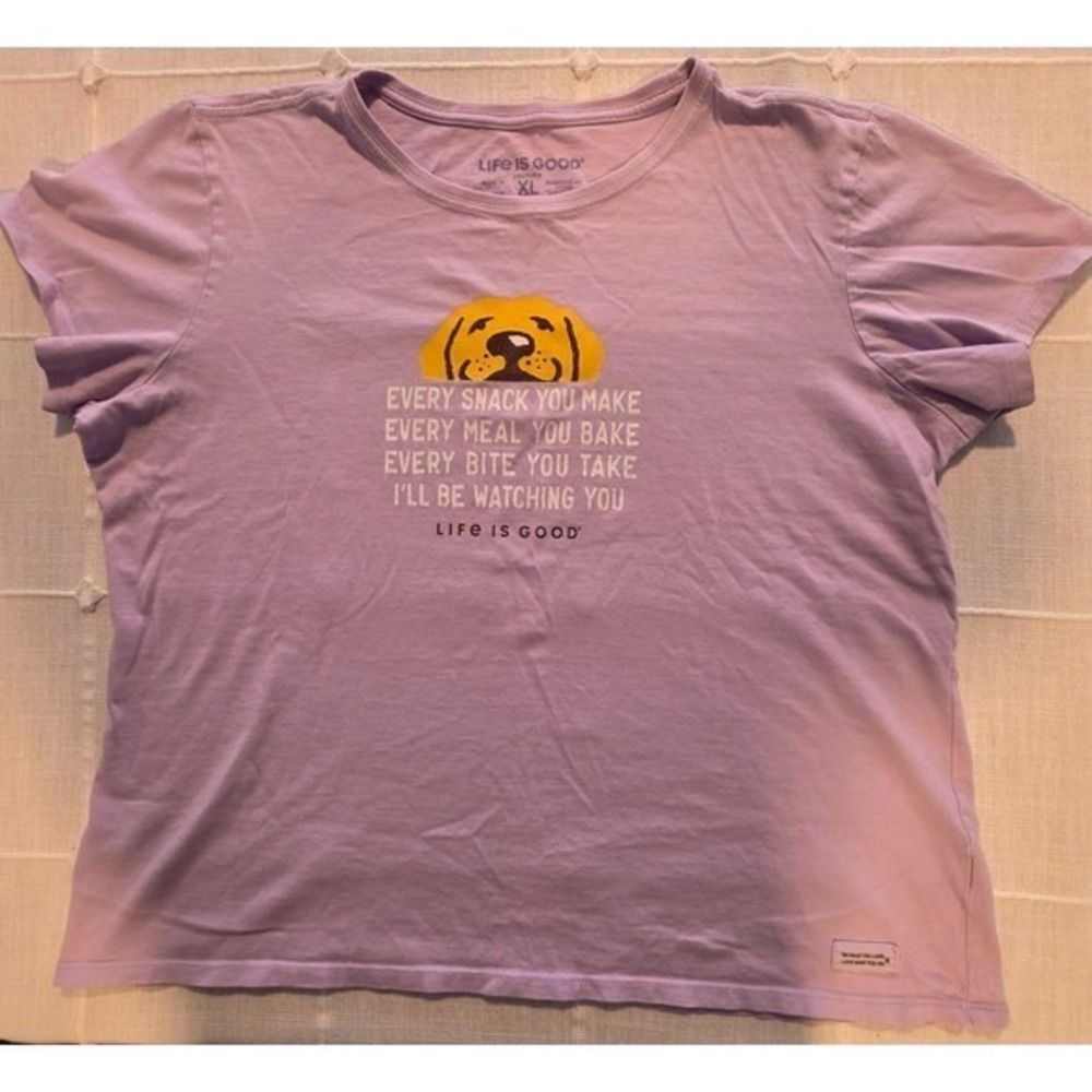 Life is Good Womens XL Purple Crusher Tee Yellow Lab Dog Snack Graphic T-Shirt